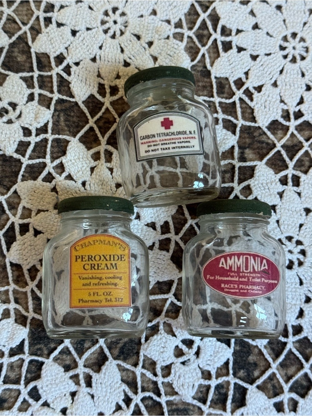 Vintage Inspired Apothecary Glass Jar Trio with Labels - Clear Glass, Green Lids